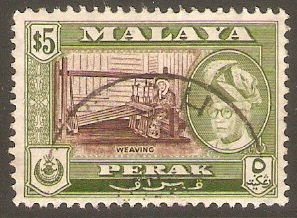 Perak 1957 $5 Brown and bronze-green. SG161a.